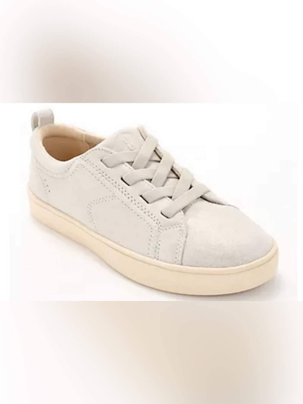 Revitalign Malibu Misty is a water-repellent suede sneaker in oatmeal shimmer